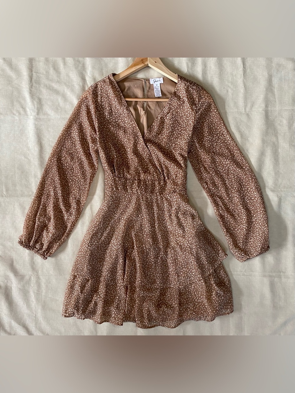 ⁠Joya Brown Animal Print Long Sleeve Faux Wrap Dress Medium Boho Chic⁠